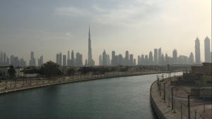 Dubai skyline with the Burj Khalifa beyond a canal